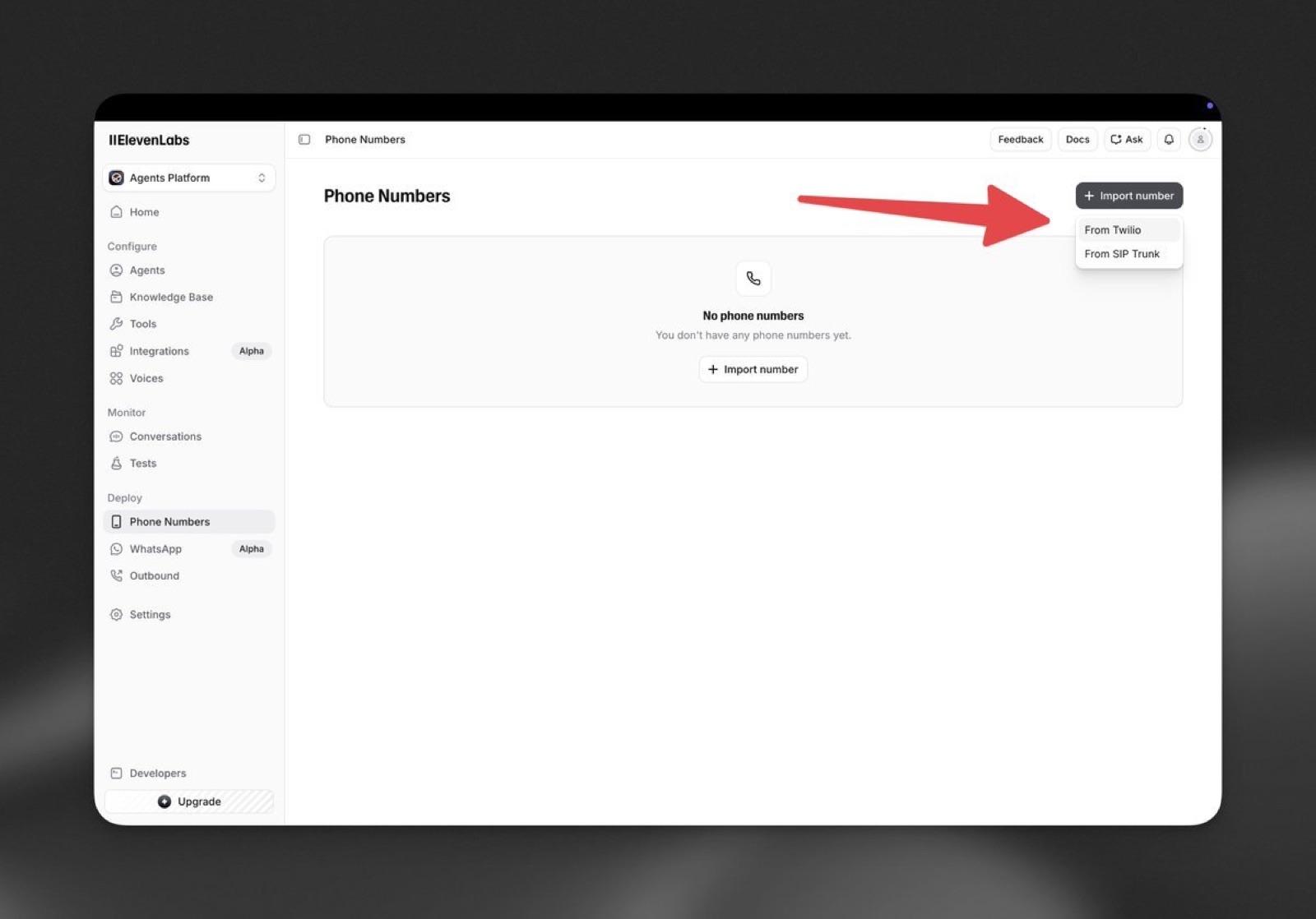 일레븐랩스 Phone Numbers — Twilio 번호 가져오기