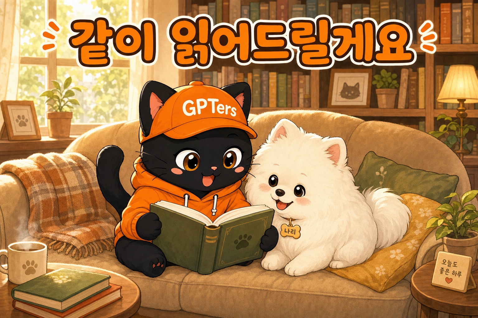 강아지 나리와 함께 책을 펼친 뽀짝이