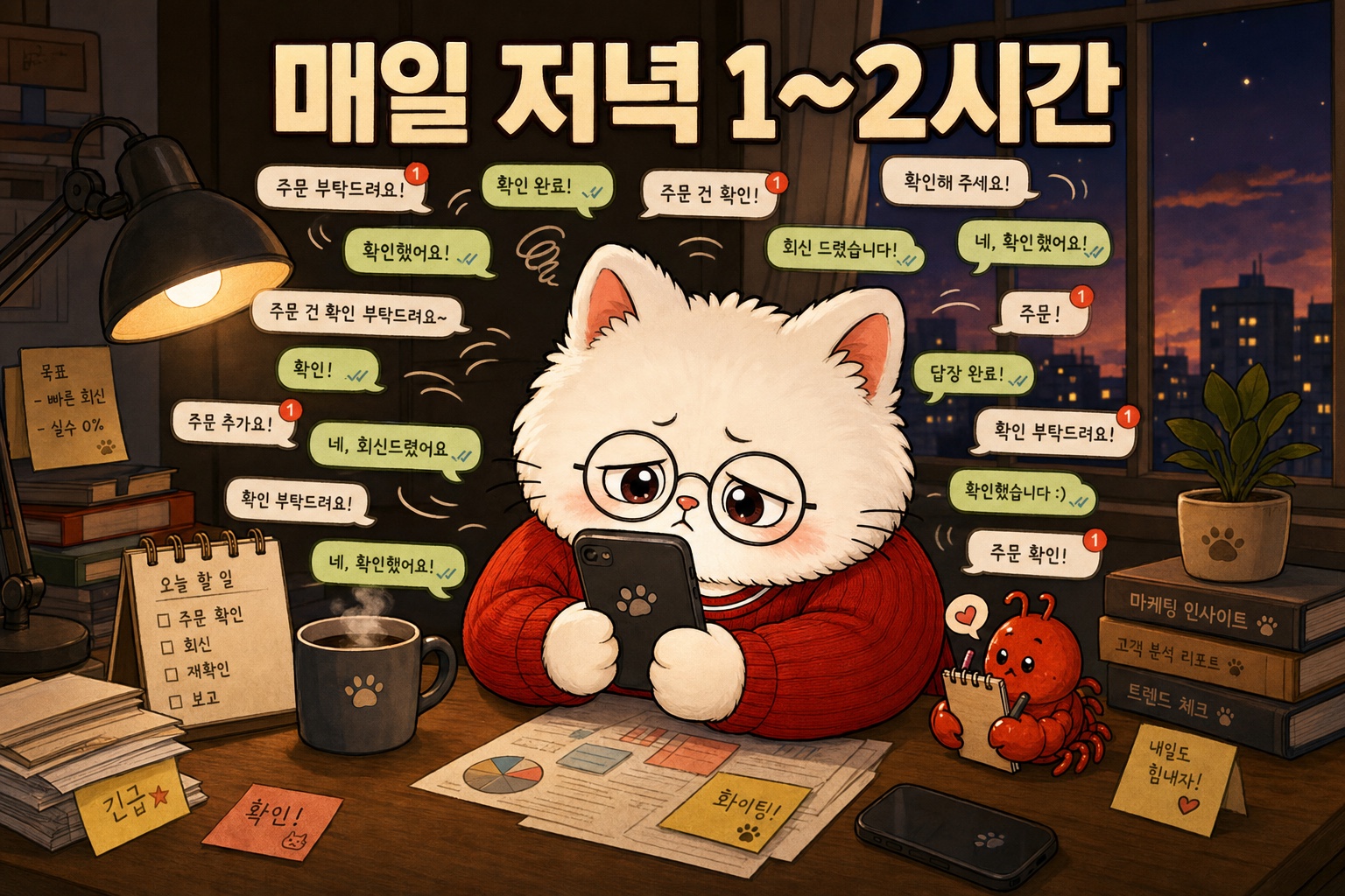 밤늦게 문자 릴레이에 지친 뽀둥이