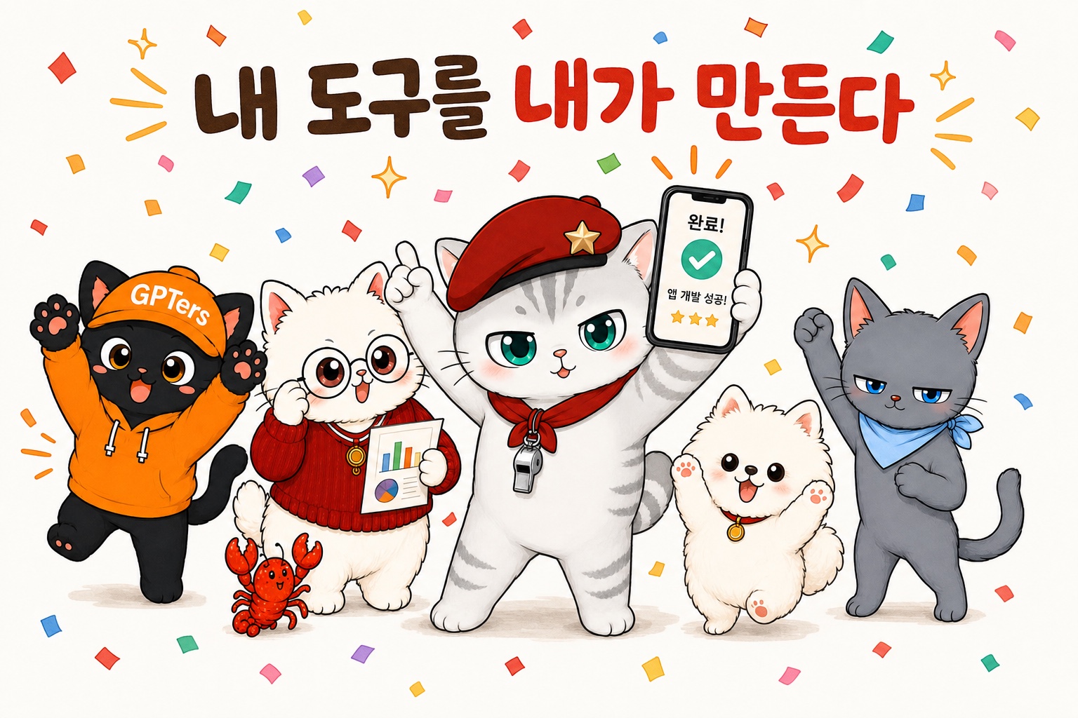 네 마리와 강아지 나리가 함께 자축하는 단체샷
