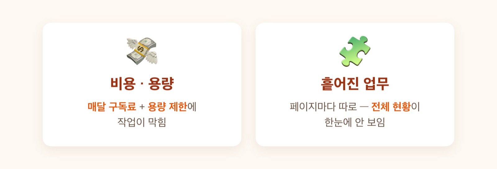 노션의 두 가지 고민 — 비용·용량 / 흩어진 업무