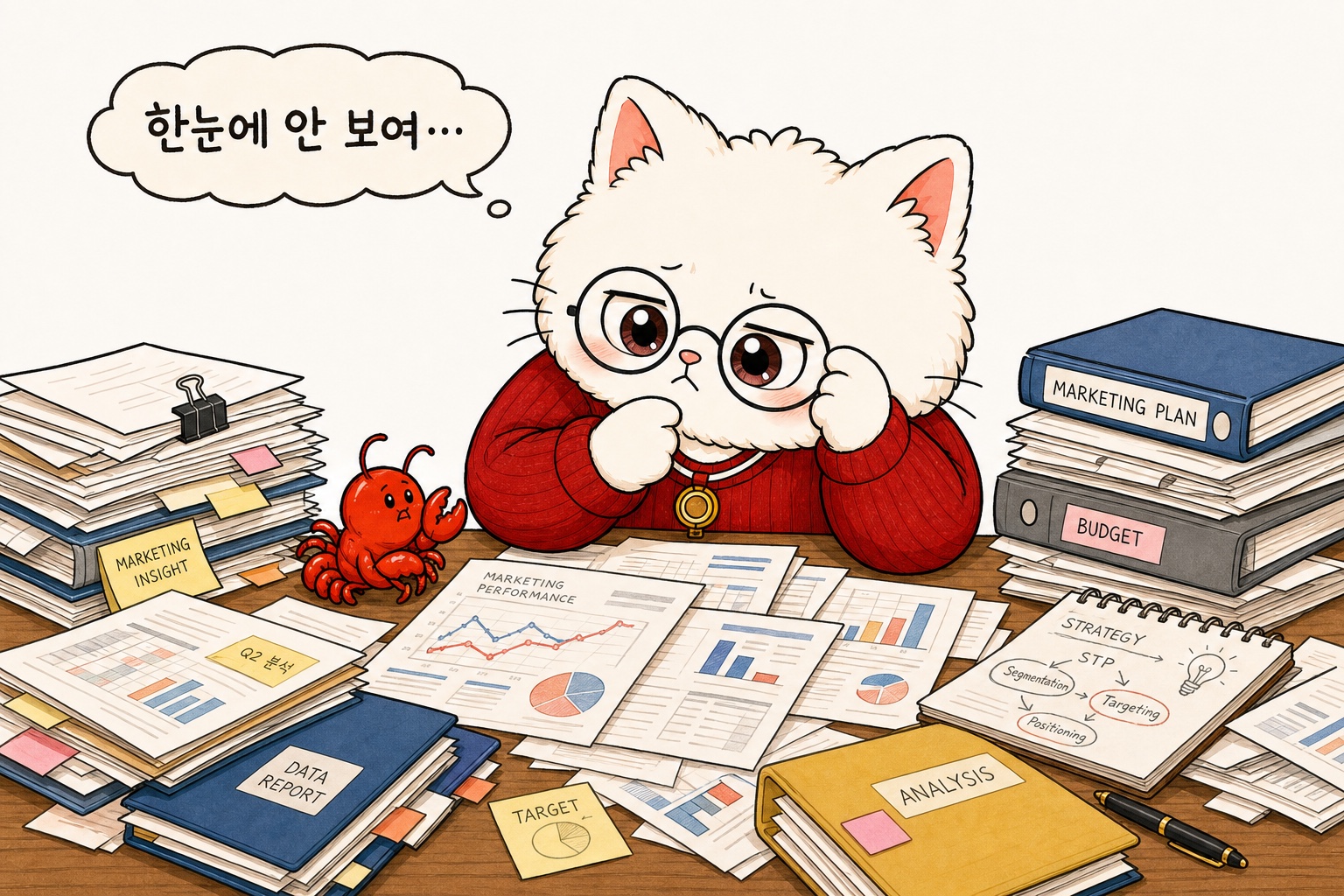 흩어진 서류 더미를 걱정스레 들여다보는 뽀둥이