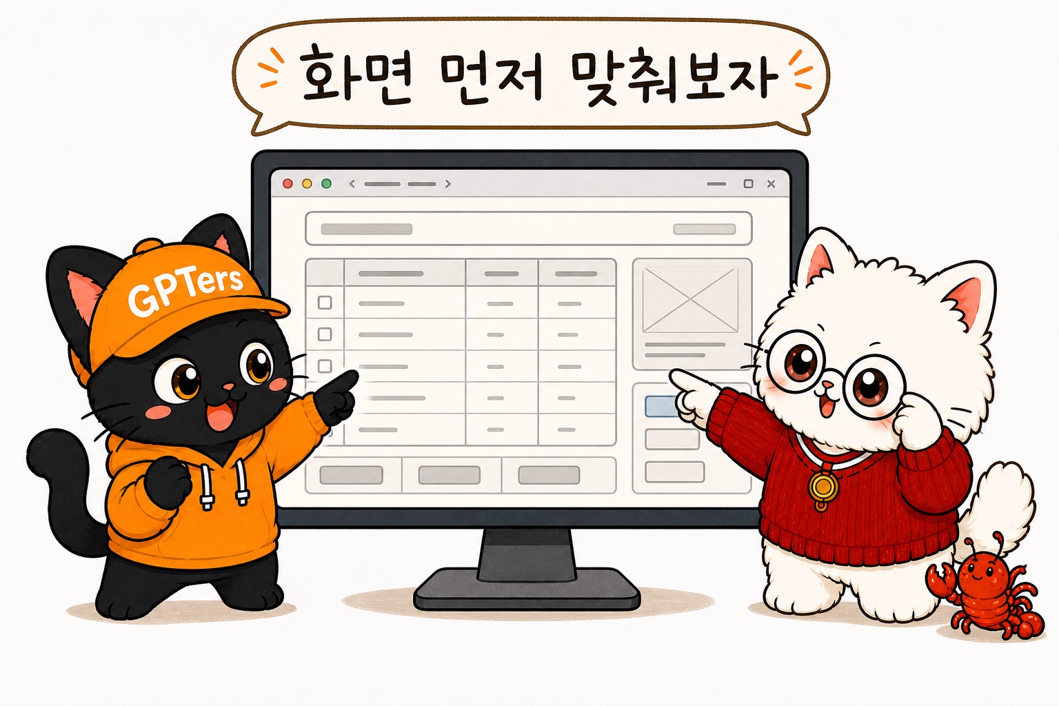가짜 데이터 화면을 나란히 점검하는 뽀짝이와 뽀둥이