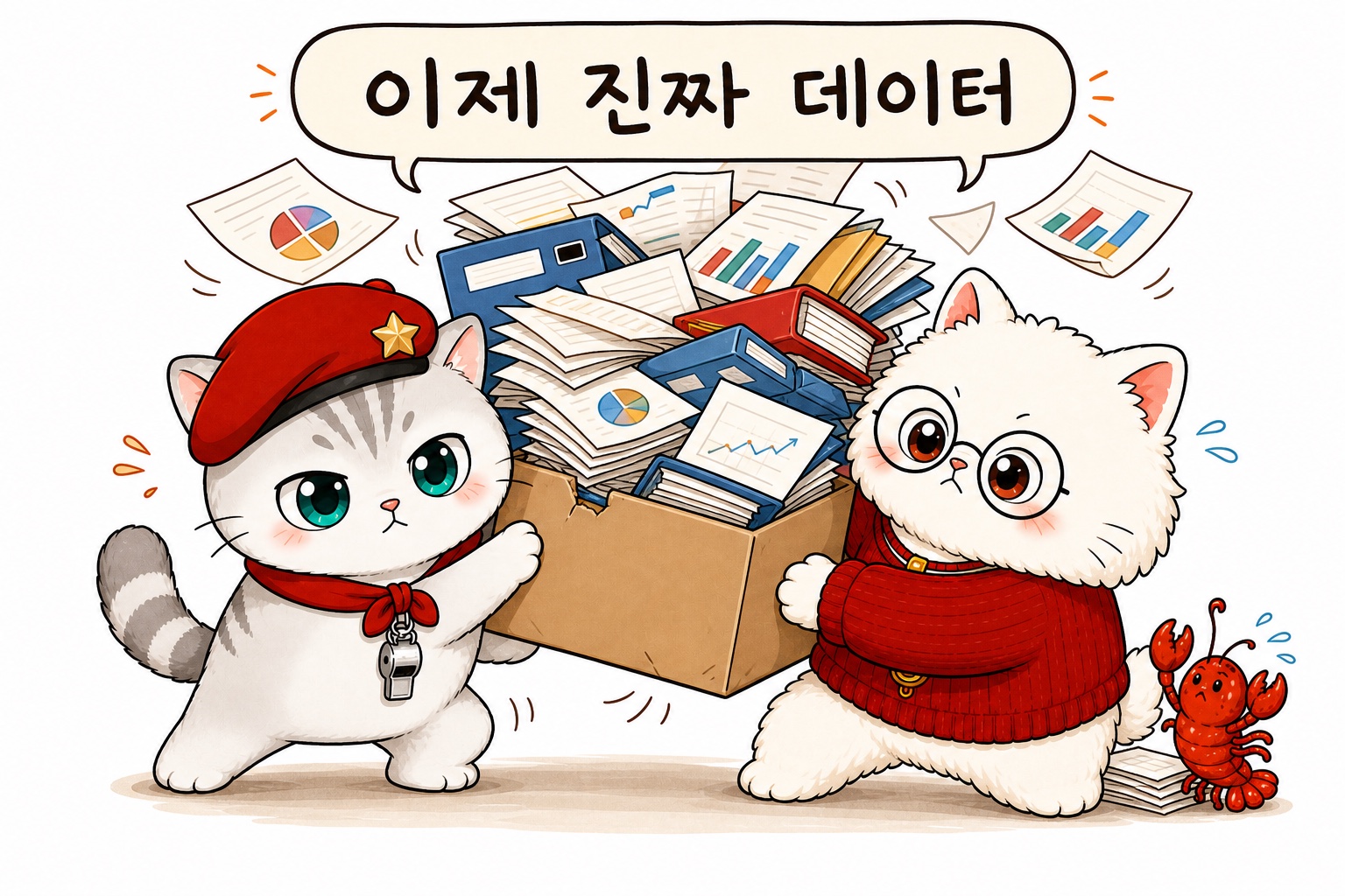 가벼운 상자에 묵직한 데이터 더미가 들어오자 함께 무게를 받치는 뽀야와 뽀둥이