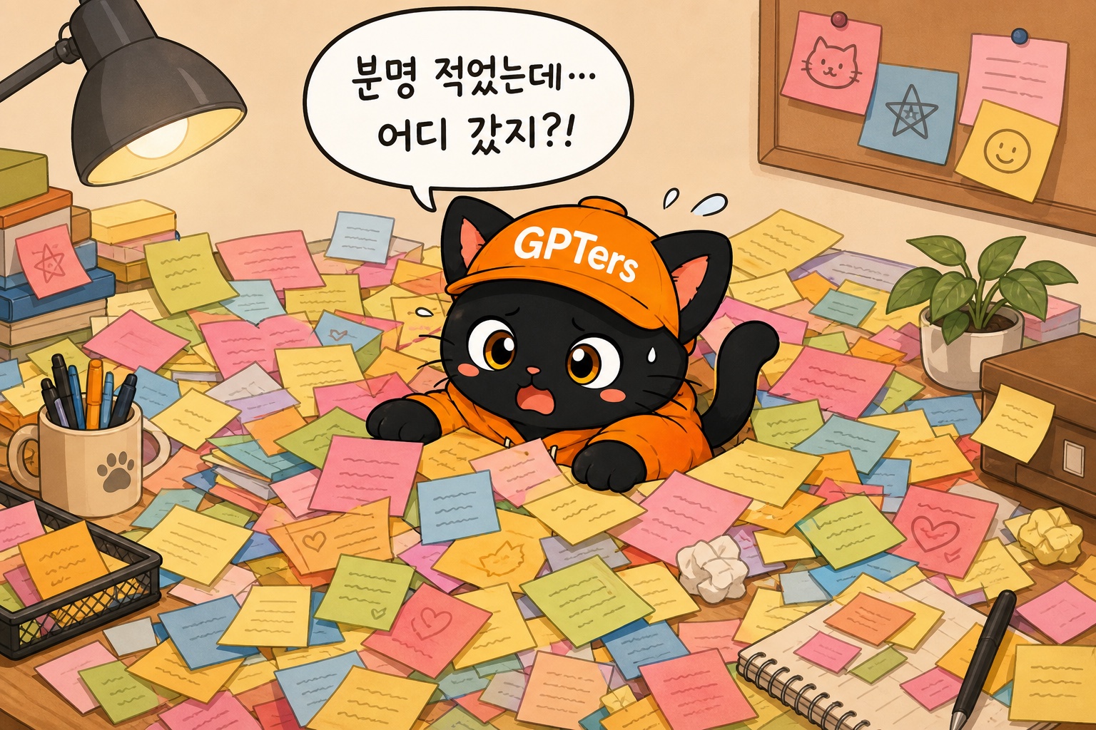 메모지에 파묻힌 뽀짝이