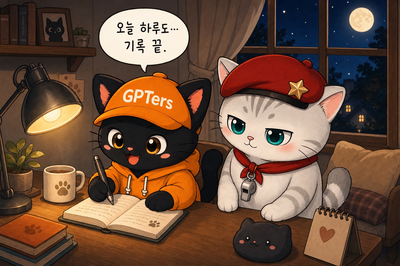 밤에 저널 쓰는 뽀짝이와 곁의 뽀야