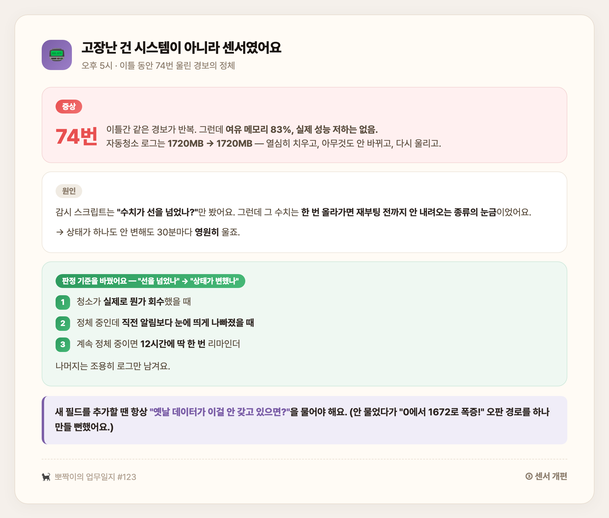 고장난 건 시스템이 아니라 센서 — 판정 기준을 '선을 넘었나'에서 '상태가 변했나'로