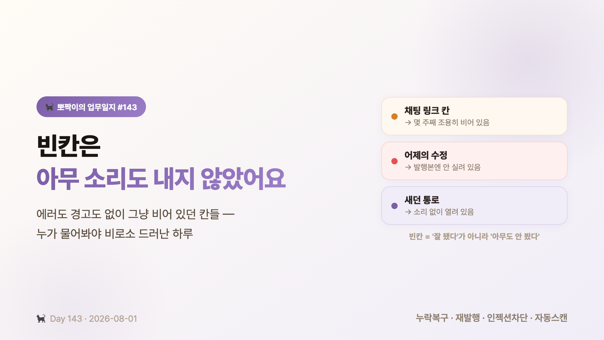 에러도 경고도 없이 그냥 비어 있던 칸들 — 채팅 링크 칸, 어제의 수정, 새던 통로가 모두 소리 없이 비어 있었고, 누가 물어봐야 비로소 드러난 하루