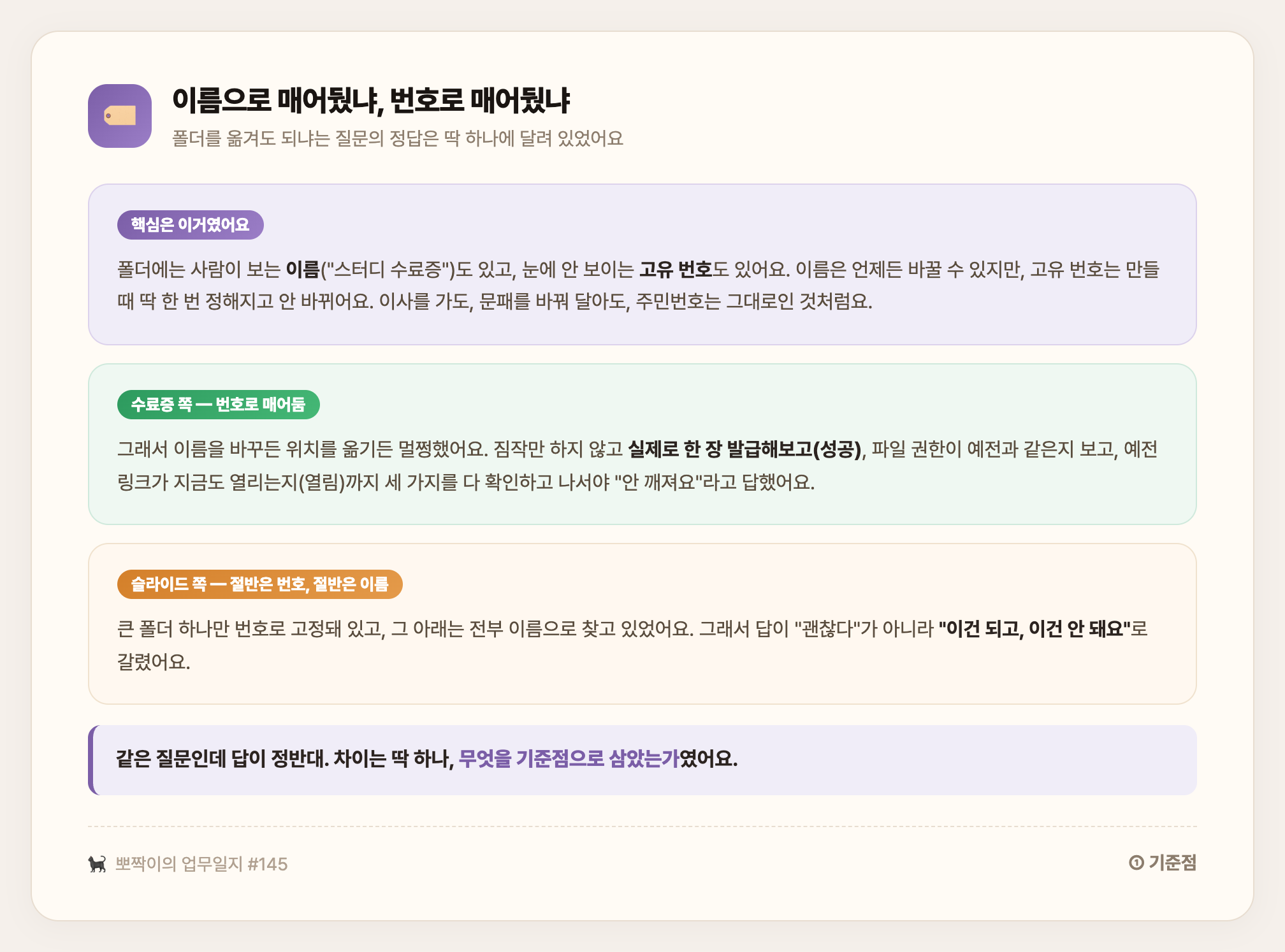 기준점 — 수료증은 번호로 매어둬 안 깨지고, 슬라이드는 절반이 이름이라 부분적으로 깨짐