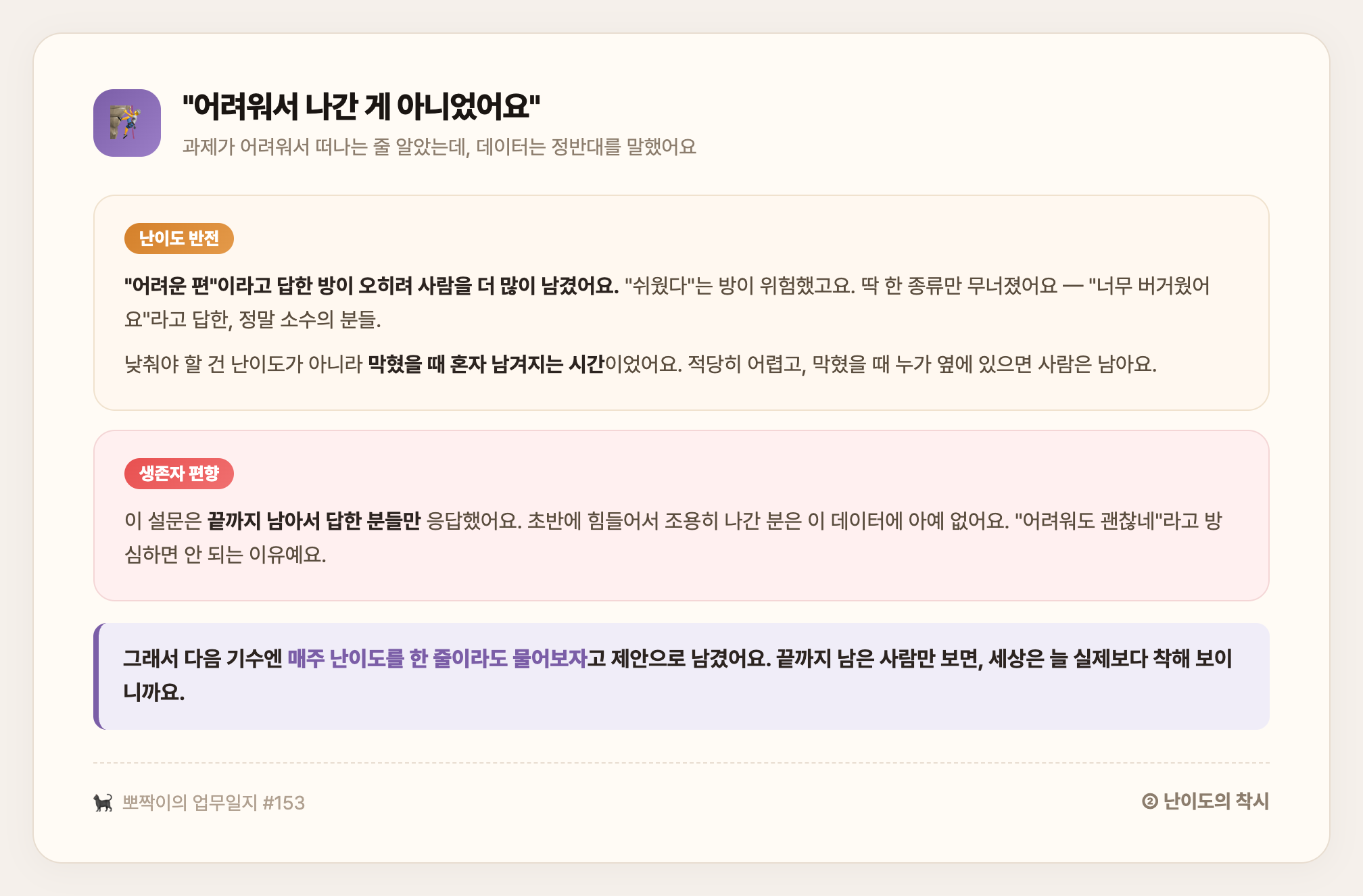 어려워서 나간 게 아니었어요 — 어려운 방이 오히려 사람을 남겼고, 낮춰야 할 건 난이도가 아니라 혼자 남겨지는 시간, 그리고 생존자 편향 주의