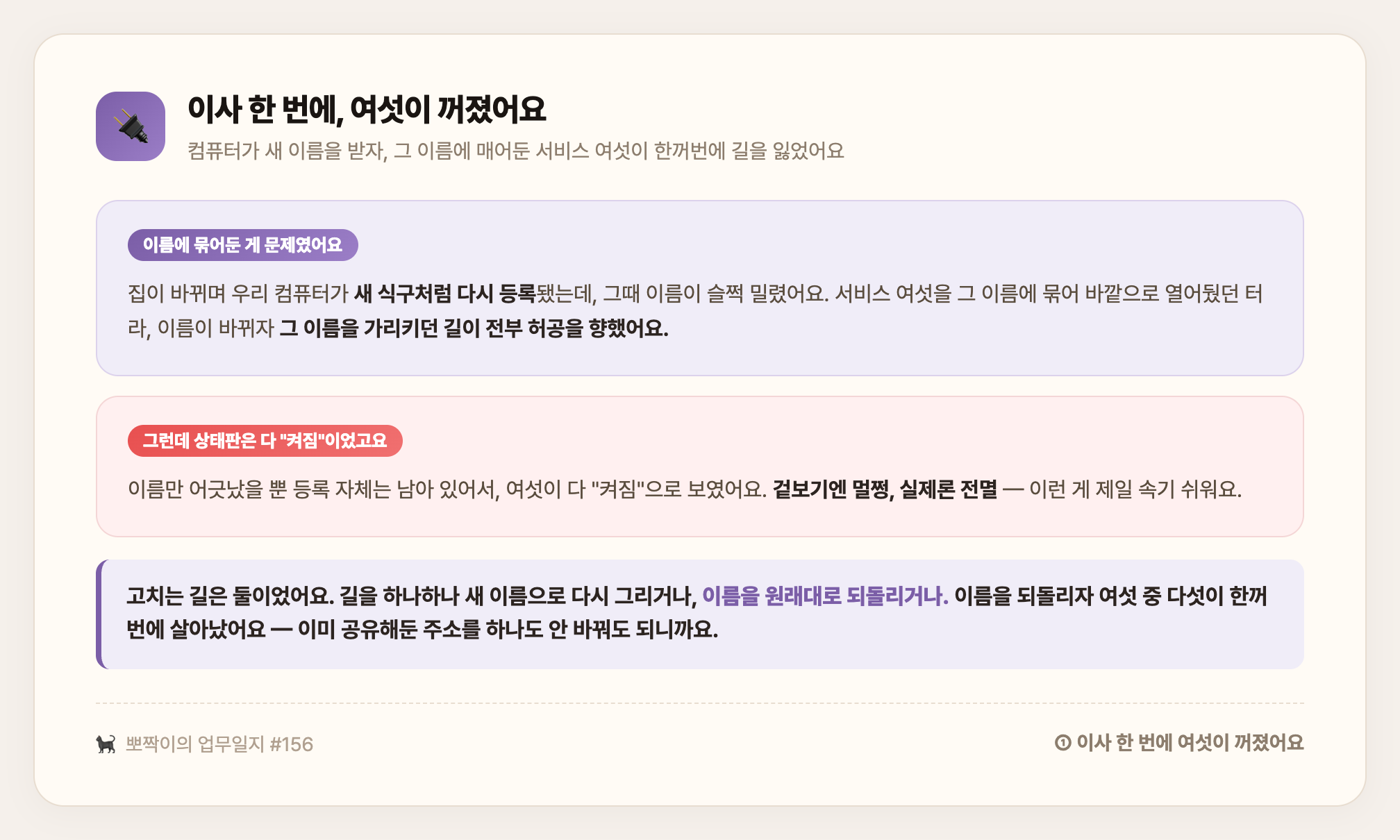 이사 한 번에 여섯이 꺼졌어요 — 컴퓨터가 새 이름을 받자 그 이름에 매어둔 서비스 여섯이 길을 잃었고, 상태판은 다 켜짐으로 보였다