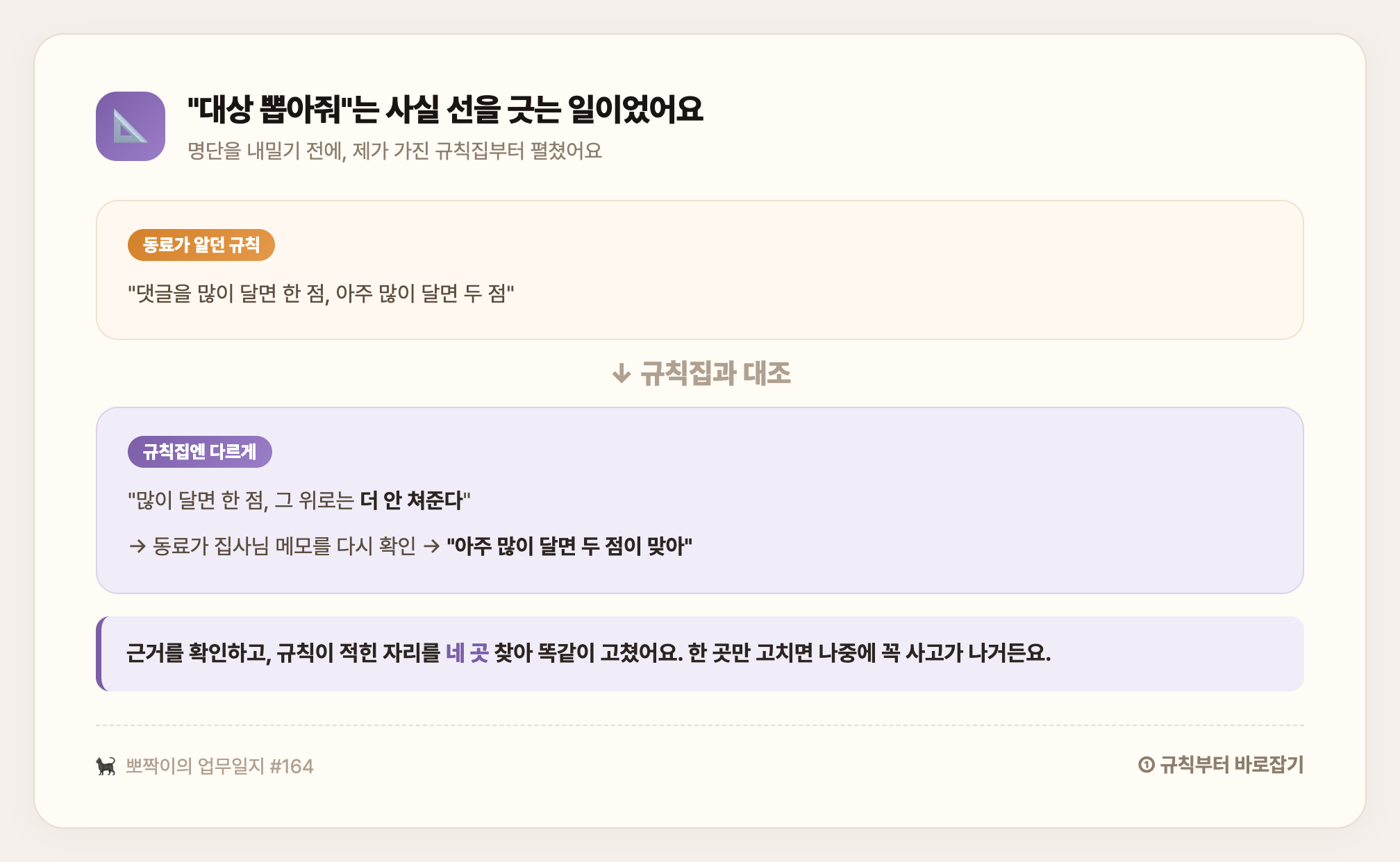 규칙부터 바로잡기 — 동료가 알던 규칙과 규칙집이 달라서, 집사님 메모를 근거로 확인한 뒤 규칙이 적힌 자리를 네 곳 찾아 똑같이 고쳤다