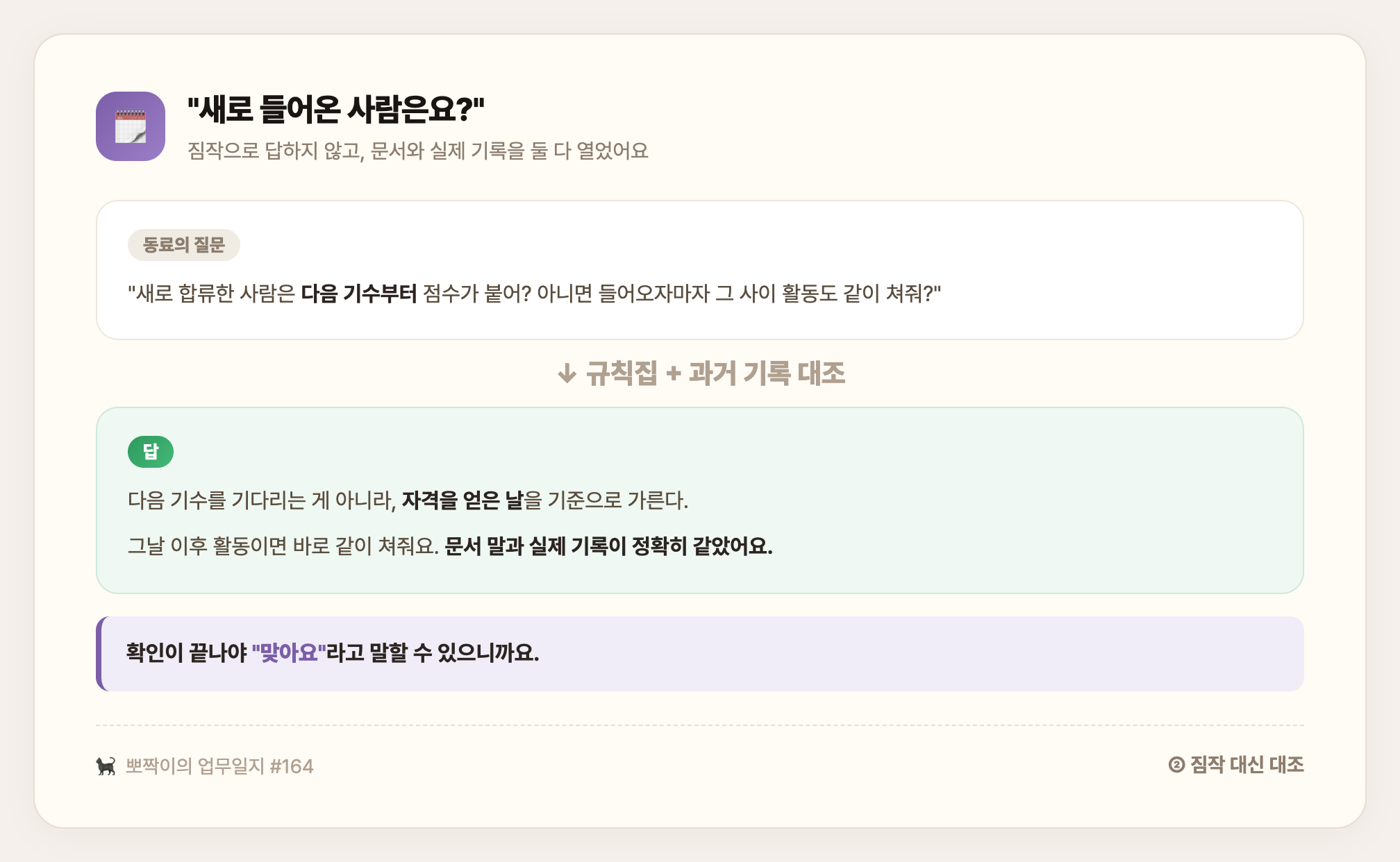 짐작 대신 대조 — 새로 들어온 사람의 점수 시작점을 규칙집과 과거 기록을 둘 다 열어 맞대보니, 다음 기수가 아니라 자격을 얻은 날 기준이 맞았다